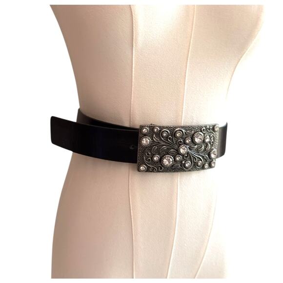 Rhinestone Crystal Belt Buckle Antiqued Rectangle Floral Engraved Buckle Belt L - Picture 6 of 9
